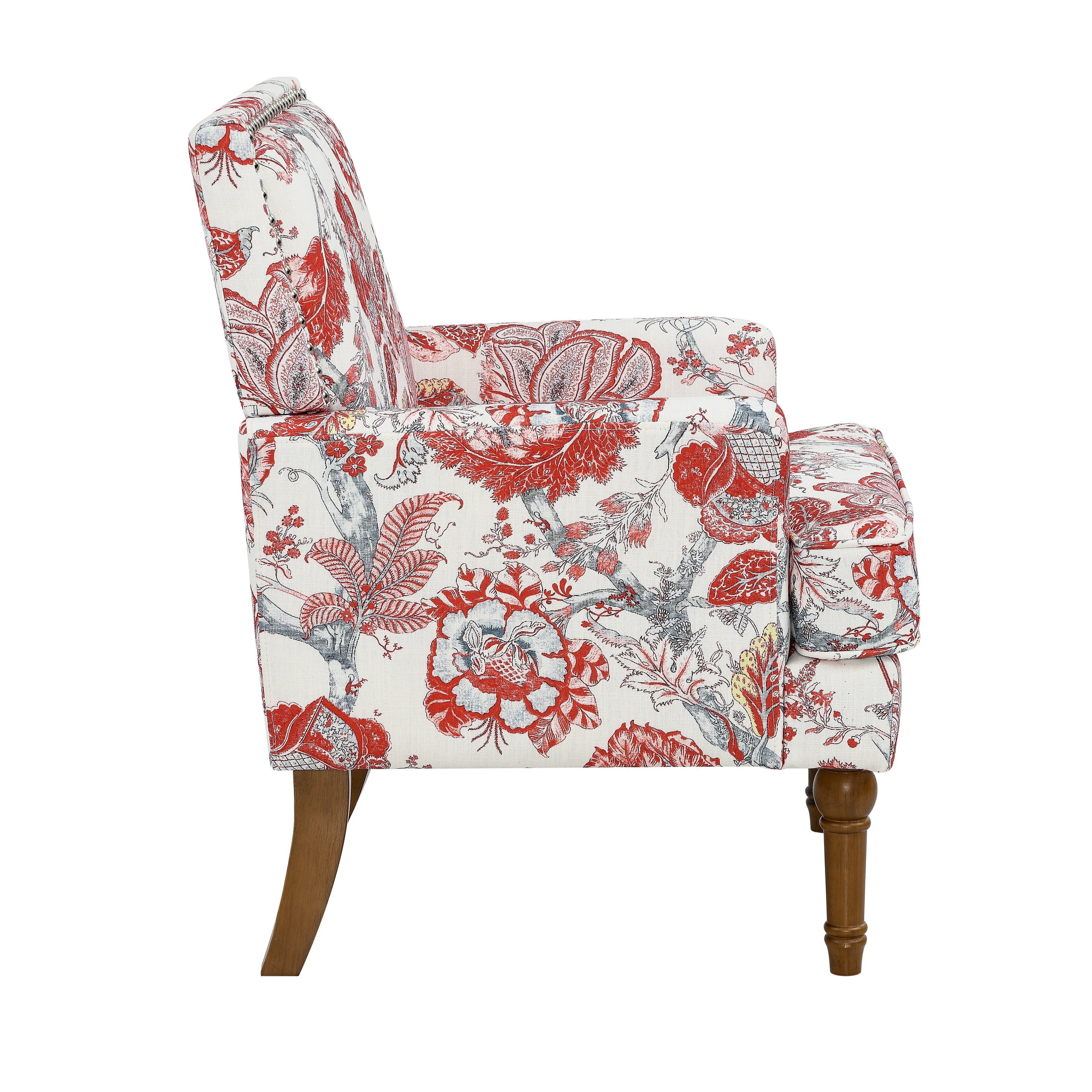 Noble House Floral Accent Chair with Nailhead Trim, Solid Wood Legs, Red + White