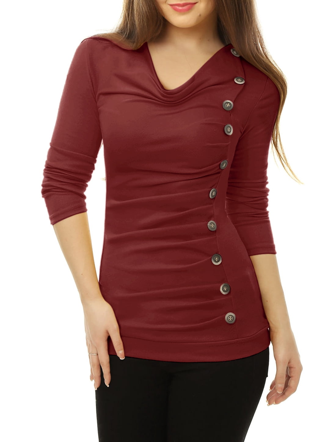 DARING DIVA Women's Cowl Neck Side Ruched Tunic Top L Burgundy
