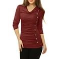 thumbnail image 3 of INSPIRE CHIC Women's Cowl Neck Long Sleeves Buttons Decor Ruched Top for Casual Wear 3XL Burgundy, 3 of 8