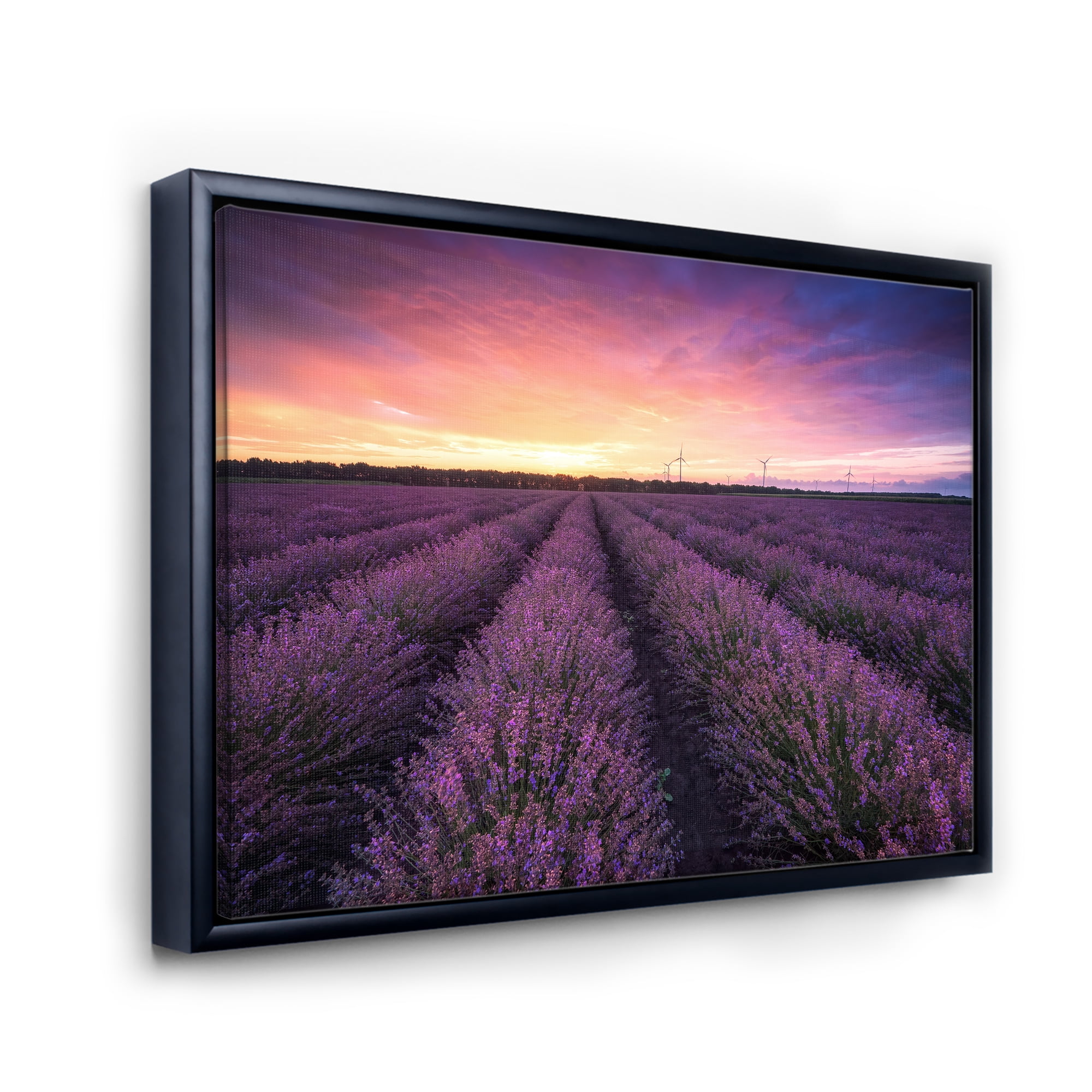 Designart 'Dramatic Clouds and Sunrise Over Lavender Field XIII' Farmhouse Framed Canvas Wall Art Print