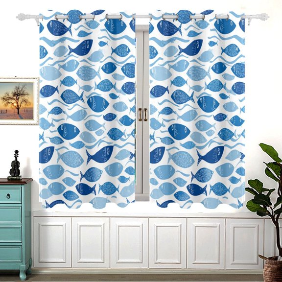 Hand Painted Blue Fishes Window Curtains Drapes with Grommets Light Filtering 2 Panels 54" x 55"