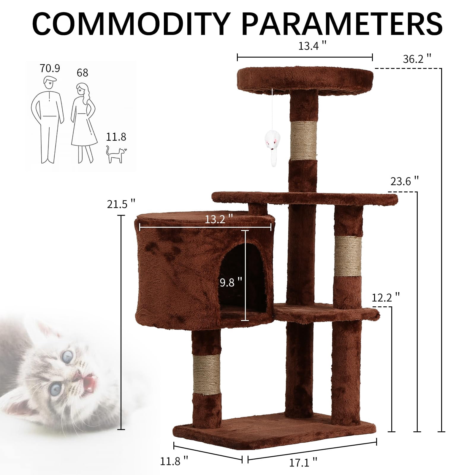 NiamVelo 36 Inch Cat Tree Cat Tower for Small Cats, Plush Multi-Level Cat Condo with Scratch Post Kittens Playhouse Furniture Set, Brown