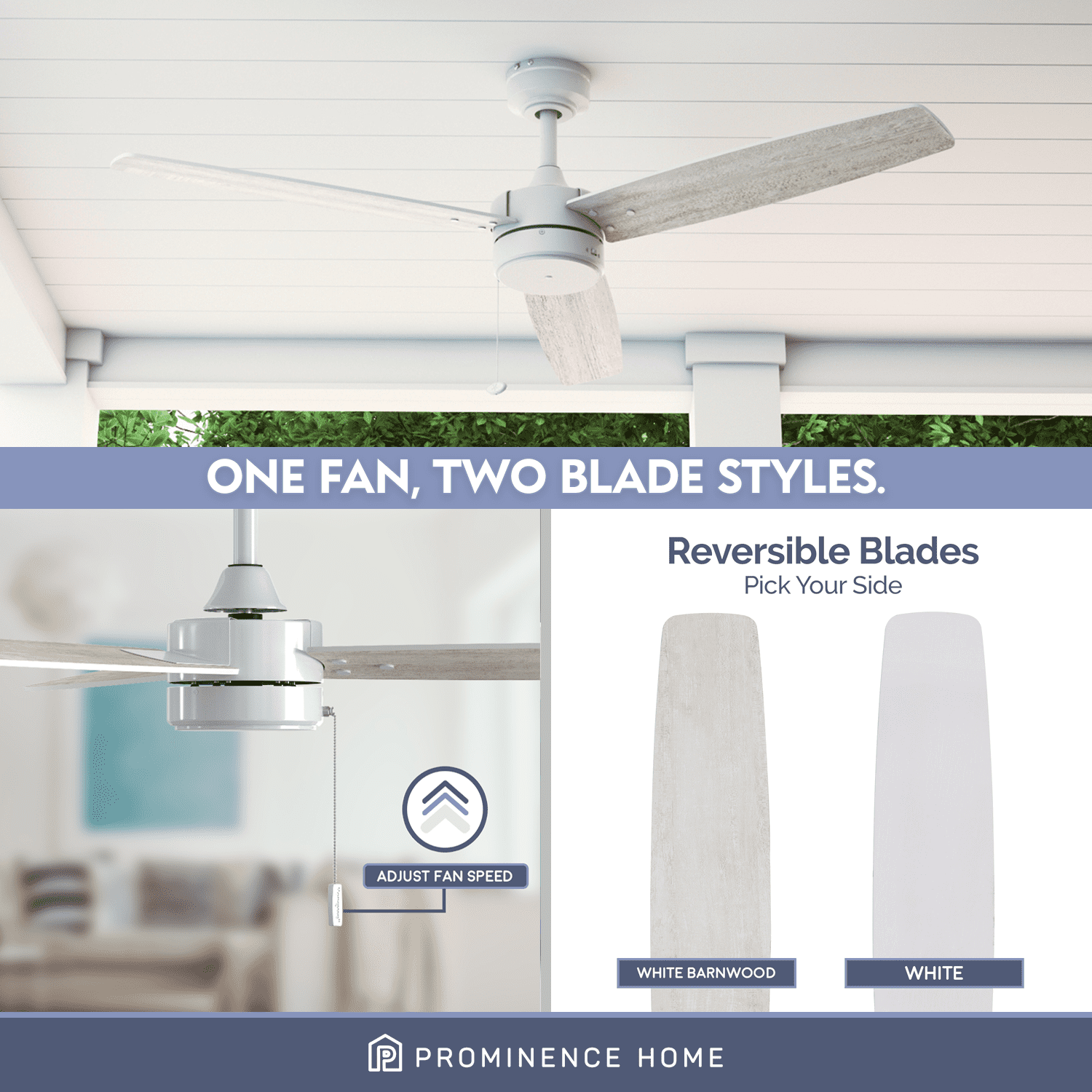 Prominence Home Journal 52" White Modern Indoor Outdoor Ceiling Fan with 3 Blades, Pull Chain & Reverse Airflow
