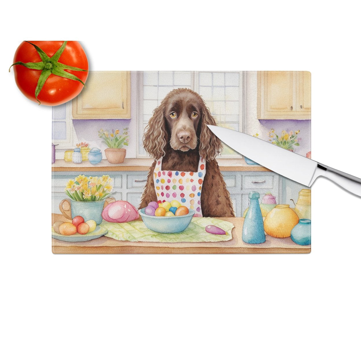 Decorating Easter Water Spaniel Glass Cutting Board 12 in x 15 in