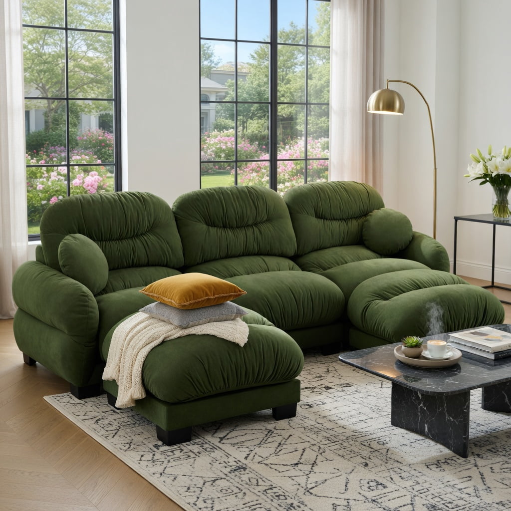 Hommoo Chenille U-Shaped Modular Sectional Sofa with Ergonomic Foam, Curved Armrests, 2 Ottomans & 2 Throw Pillows, 3-Seat Pleated Design, Green