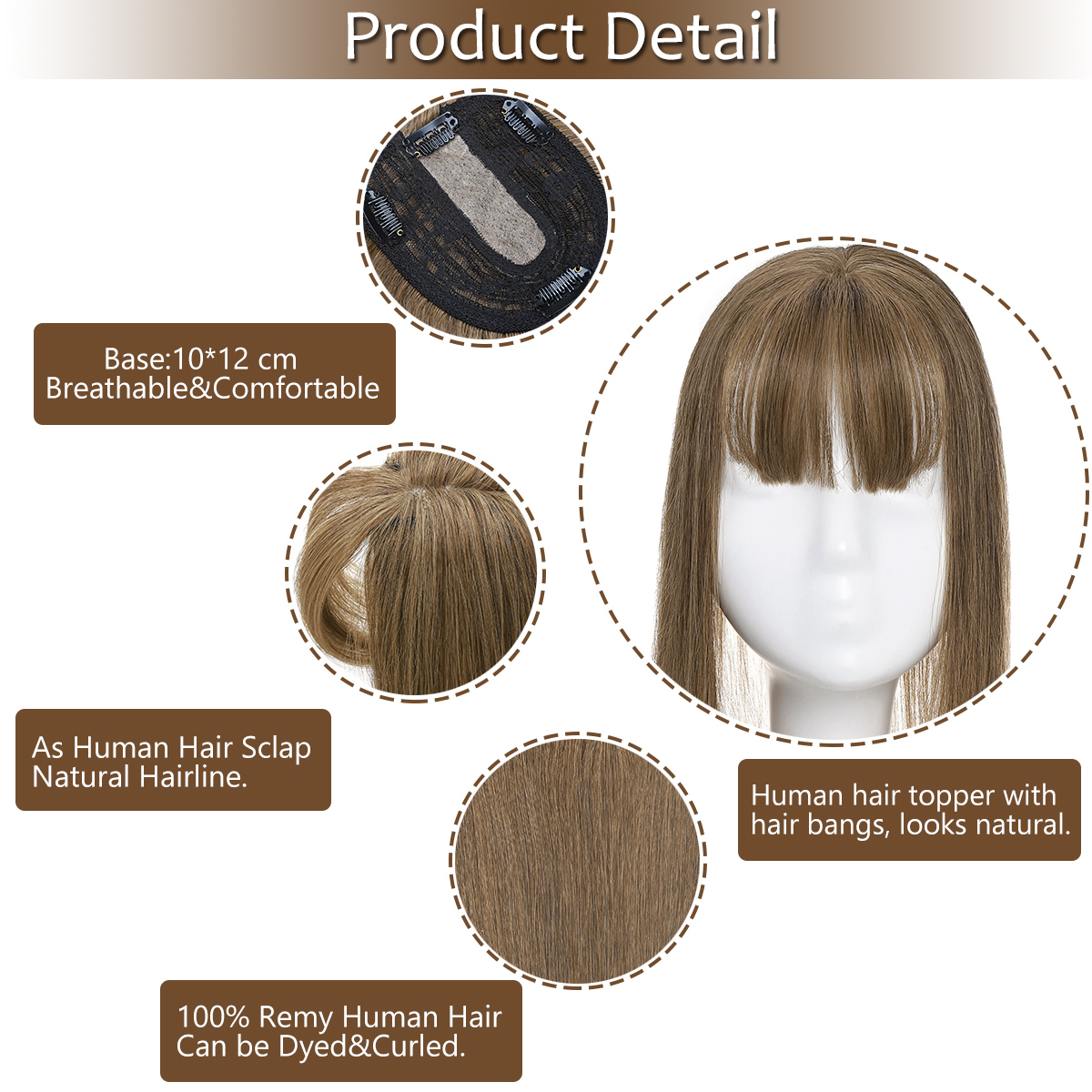 SEGO Clip in Hair Extensions Human Hair Toppers with Bangs 100% Real Human Hair Topper for Thinning/Loss Hair Natural Black Hair Pieces