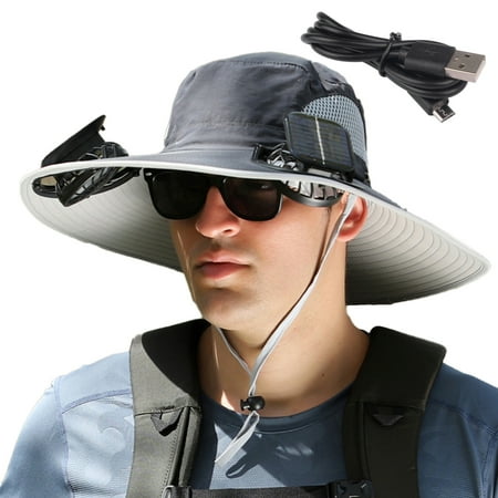 Kitem Men Fisherman Hat with Solar Fan Large Brim Hollow Mesh USB Charging Anti UV Sunlight Quick Dry Great Breathability Outdoor Fishing Travel Cap