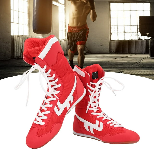 Boxing Shoes, High-top Ankle Non-slip Training Shoes, Imitation Fur Breathable for Boxing Taekwondo Red