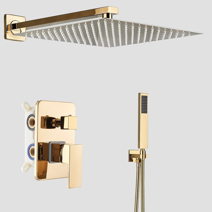 Gold Rainfall 12" Shower Head Combo Set System Faucet Kit with Wall Mixer Valve
