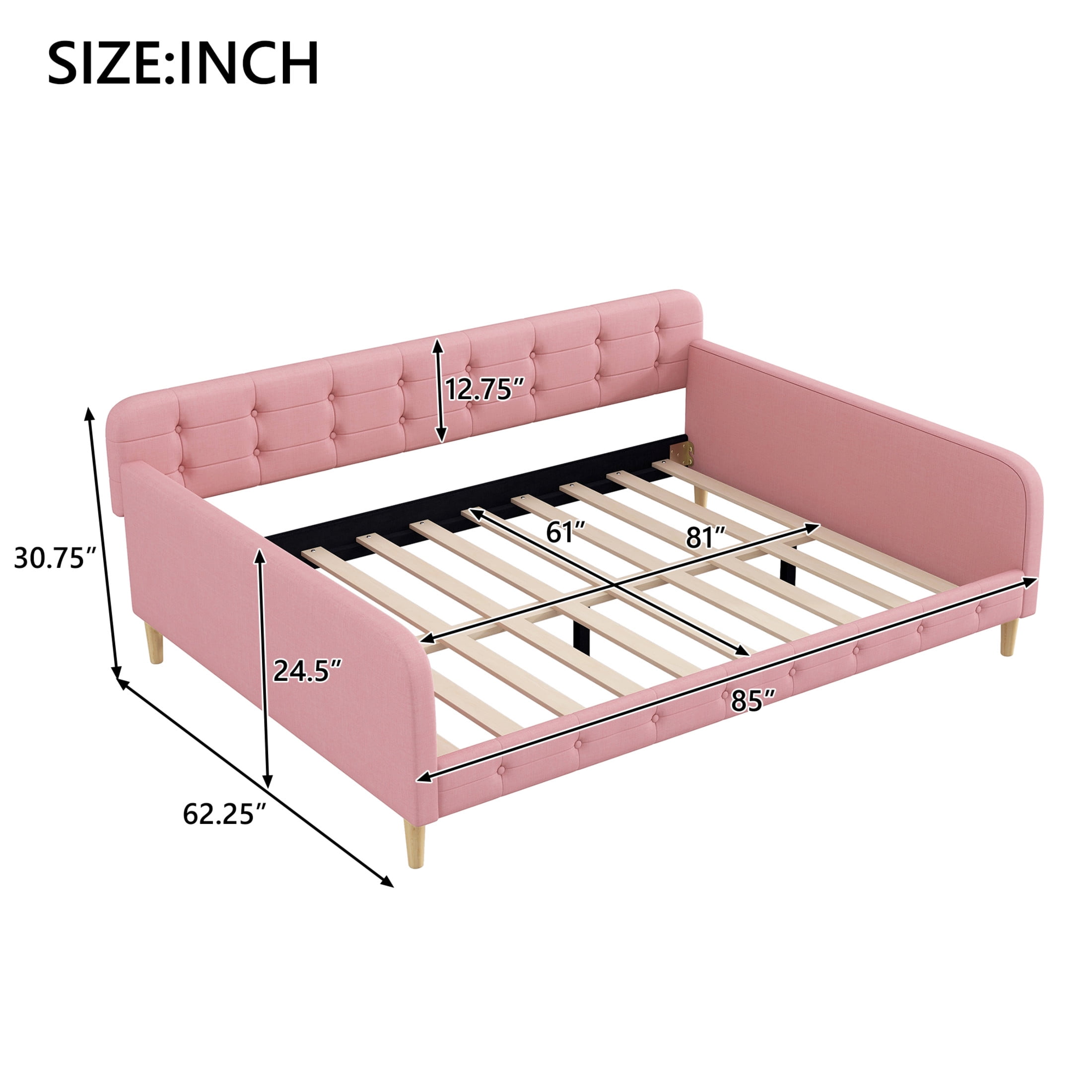 Noble House Havina Queen Upholstered Daybed, Button Tufted Linen Sofa Guest Bed with Slat Support Frame, Pink