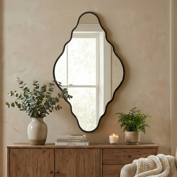 Fahomiss 20"x36" Black Scalloped Wall Mirror, Vintage Wall Mirrors for Bathroom Living Room and Bedroom Wall Decor,Metal Frame