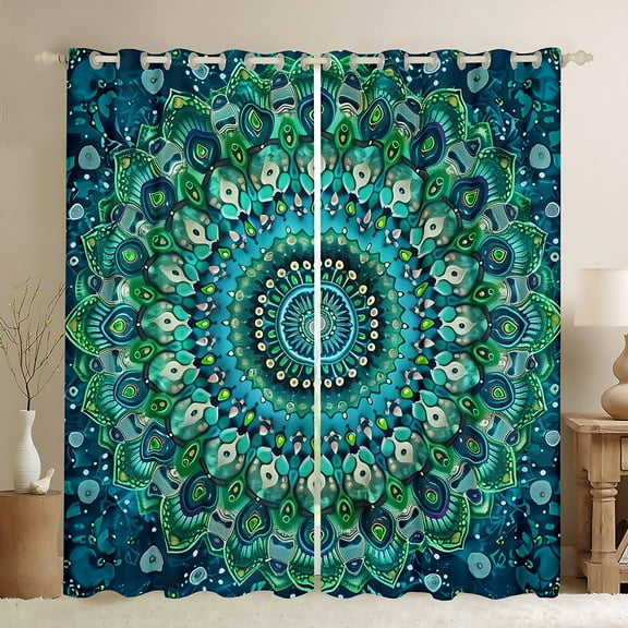 Manfei Bohemian Mandala Black Out Curtains for Girls Women, Hippie Floral Flower Curtains Pack of 2 (42x63 Each), Teal Bedroom Curtains, Luxury Room Decor