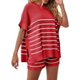 thumbnail image 4 of 2 Pcs Women Striped Outfits Oversized Batwing Short Sleeve Tops High Waisted Shorts Summer Knit Lounge Short Sets, 4 of 6