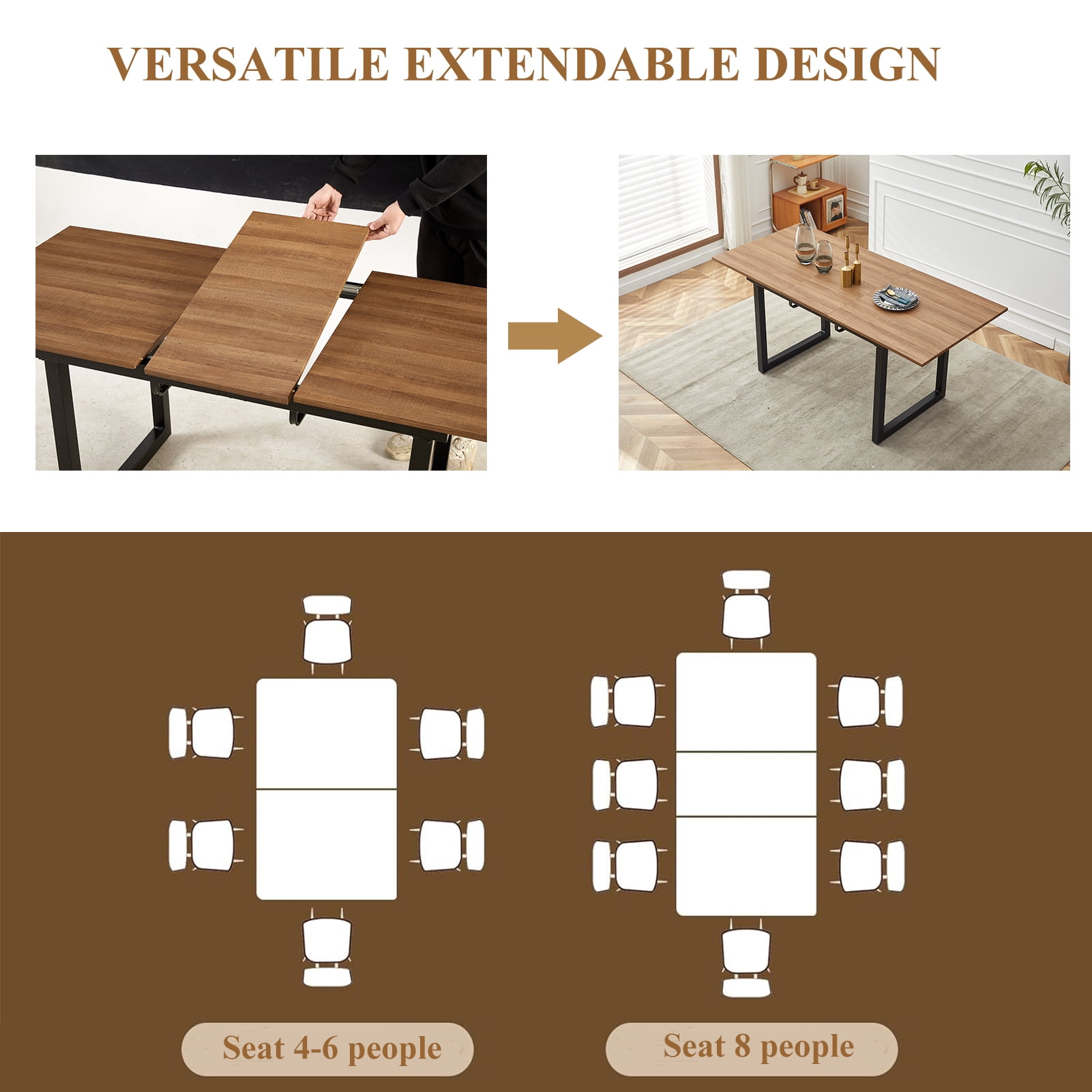 Lecut Extendable Dining Table for 4-8 Person, Extendable from 55" to 71", Modern Rectangle Dining Table with MDF Tabletop and Metal Frame, Expanding Kitchen Table for Home, Office,Brown