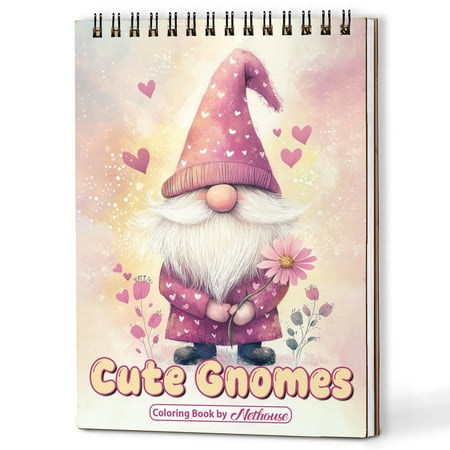 NETHOUSE Cute Gnomes Spiral Coloring Book for Adults Relaxation & Stress Relief A5 Wooden Cover 30 Coloring Pages of Adorable Gnomes Whimsical Gardens Fantasy Adventures Charming Forest Scenes