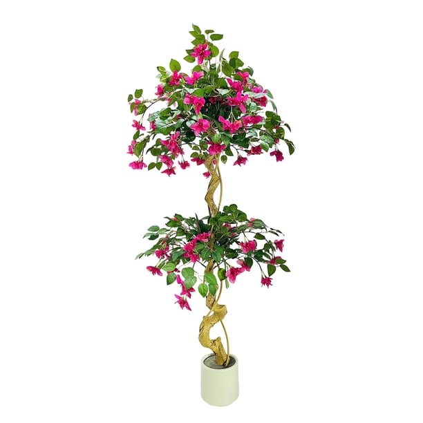 Yeshouse Buganvilla artificial, buganvilla de seda con flores rosas en maceta blanca, topiario artificial para decoración de interiores, exteriores, hogar, oficina, jardín y bodas