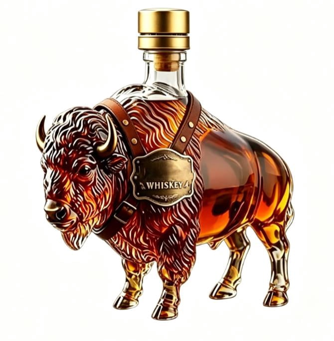 2026 New 3D Rustic Bison Glass Decanter, 10.1oz Liquor Bottle with Leak Proof Cap & Gift Box, Great for Bourbon Home Bar Parties