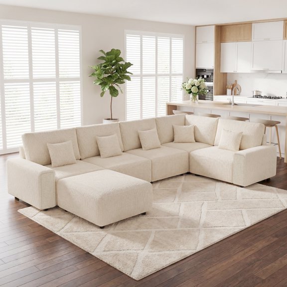 Advwin 5-Seater Oversized Corduroy Sectional Sofa with Ottoman, Comfy U-Shaped Cloud Modular Couch with Extra-Deep Seating & Removable Covers, Convertible Sleeper Sofa for Living Room, Beige