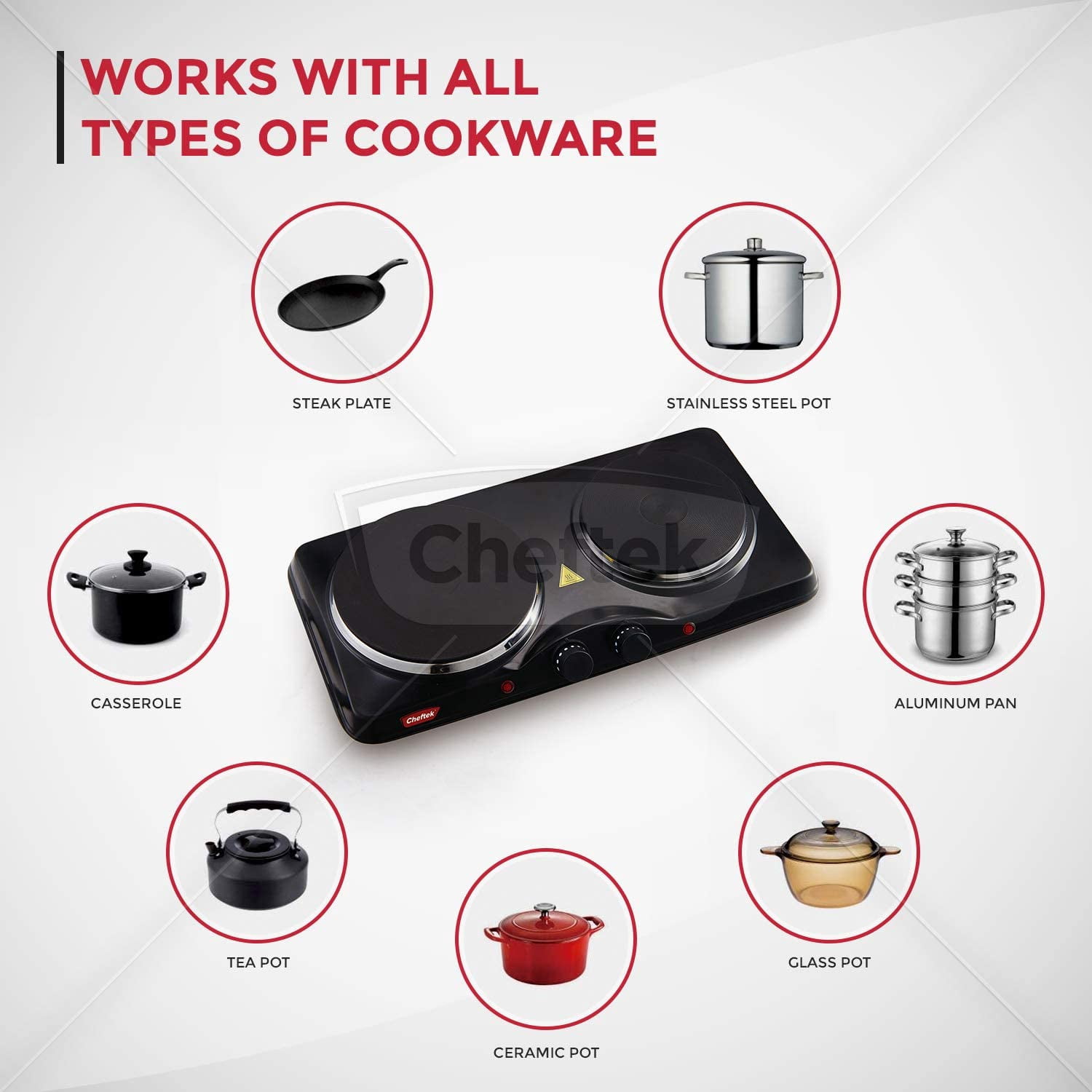 Cheftek CT1010 Dual Electric Stove with 6’’ and 7.5’’ Cook Plates; 1700W; Enamel Coated Iron; Black