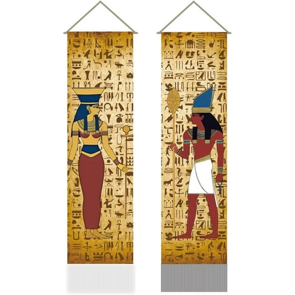 2Pcs Egypt Hieroglyphic Tapestry Ancient Egypt Hieroglyphic Vertical Tapestry Wall Hanging Egypt Theme Tassel Wall Tapestry Mystic Aesthetic Tapestry for Bedroom Living Room(45.7x13 Inch)