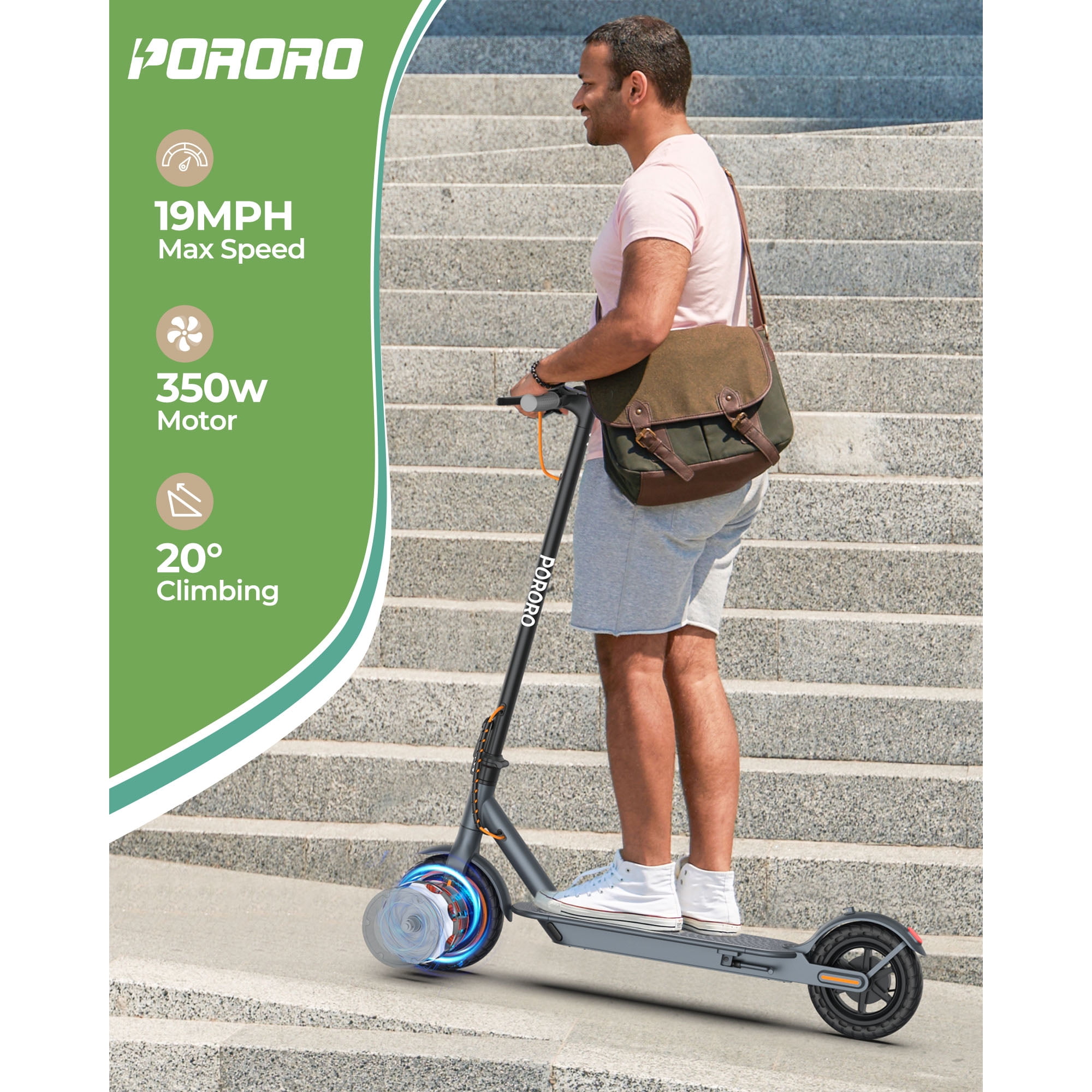 PORORO HES20 Electric Scooter for Adults, Max 19 Miles Range, with 8.5" Tires, 350W, 10.5Ah, 19MPH, Black