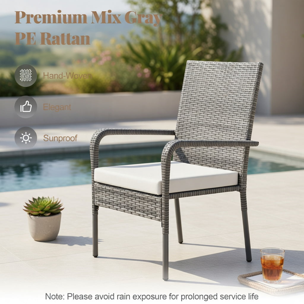 Hommoo 3-Piece Modern PE Rattan Patio Furniture Set with Cushions, Tempered Glass Tabletop, and Reinforced Metal Frame, Ideal for Balcony, Porch & Backyard, White