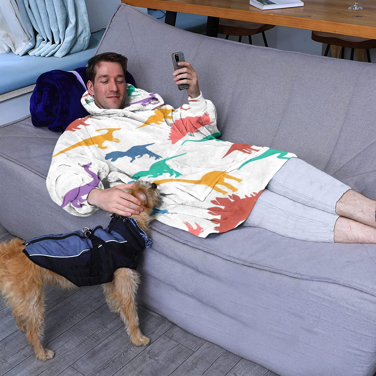 Wearable Oversized Blanket,Colorful Dinosaurs Silhouettes Pattern Wearable Blanket Hoodie for Adults,Cozy Hooded Blankets with Super Pockets,Super Warm Fuzzy Pullover for Women & Men