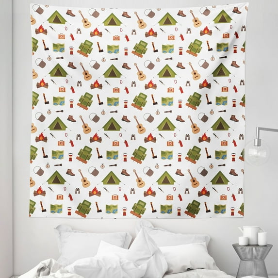 Camping Tapestry, Campfire Map Lantern Guitar and Compass Discovery in Woodland Boys Cartoon, Fabric Wall Hanging Decor for Bedroom Living Room Dorm, 5 Sizes, Multicolor, by Ambesonne