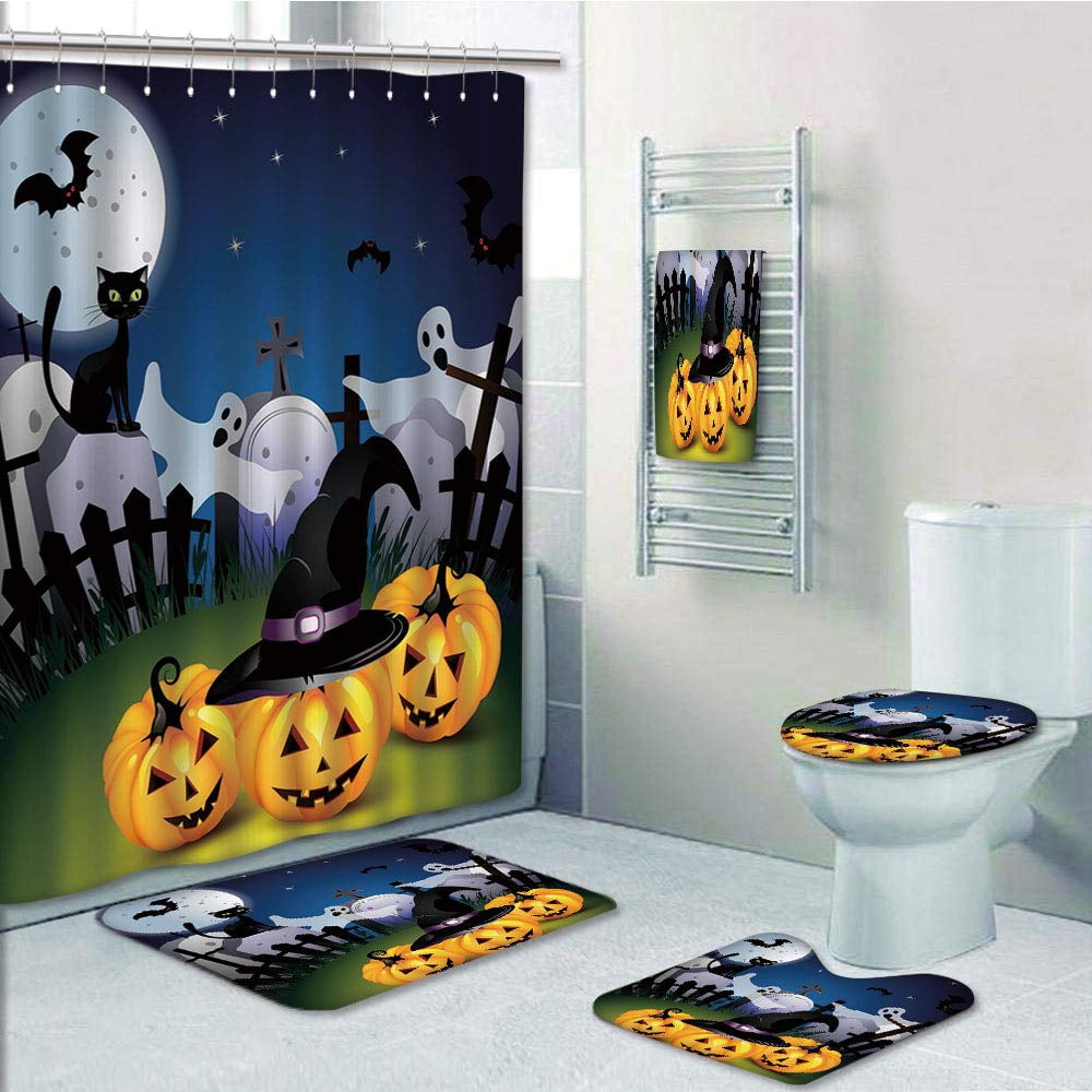 Erehome Halloween Funny Cartoon With Pumpkins Witches Hat Ghosts Graveyard Full Moon Cat 5 Piece Bathroom Set Shower Curtain Bath Towel Bath Rug Contour Mat And Toilet Lid Cover Walmart Canada