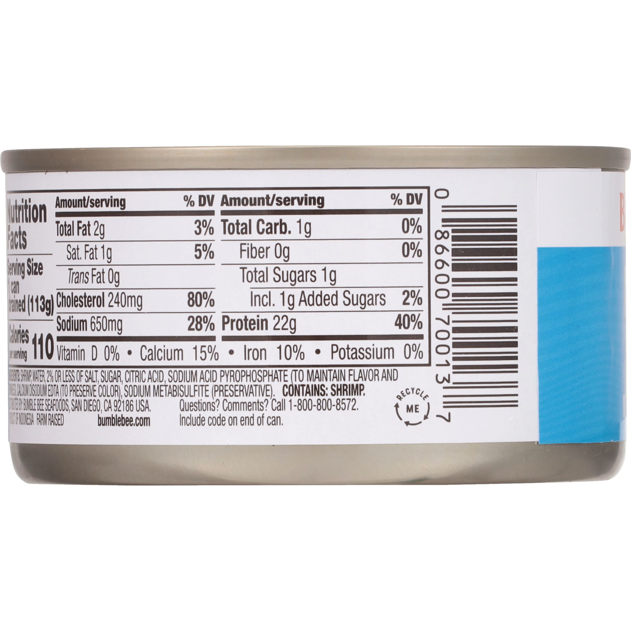(2 pack) Bumble Bee Medium Canned Shrimp, Gluten Free, 22g Protein Per Serving, Ready to Eat, Shelf Stable Can, 6 oz