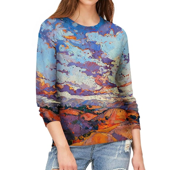 TWZH Women Landscape Graphic 3D Print Crew Neck Long Sleeves Top