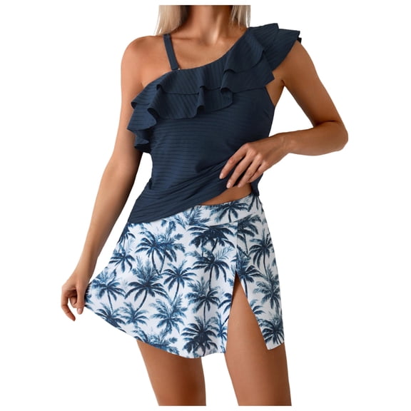 PFWOWB Womens Tankini Swimsuit with Skirt One Shoulder Ruffle Tummy Control Swimwear