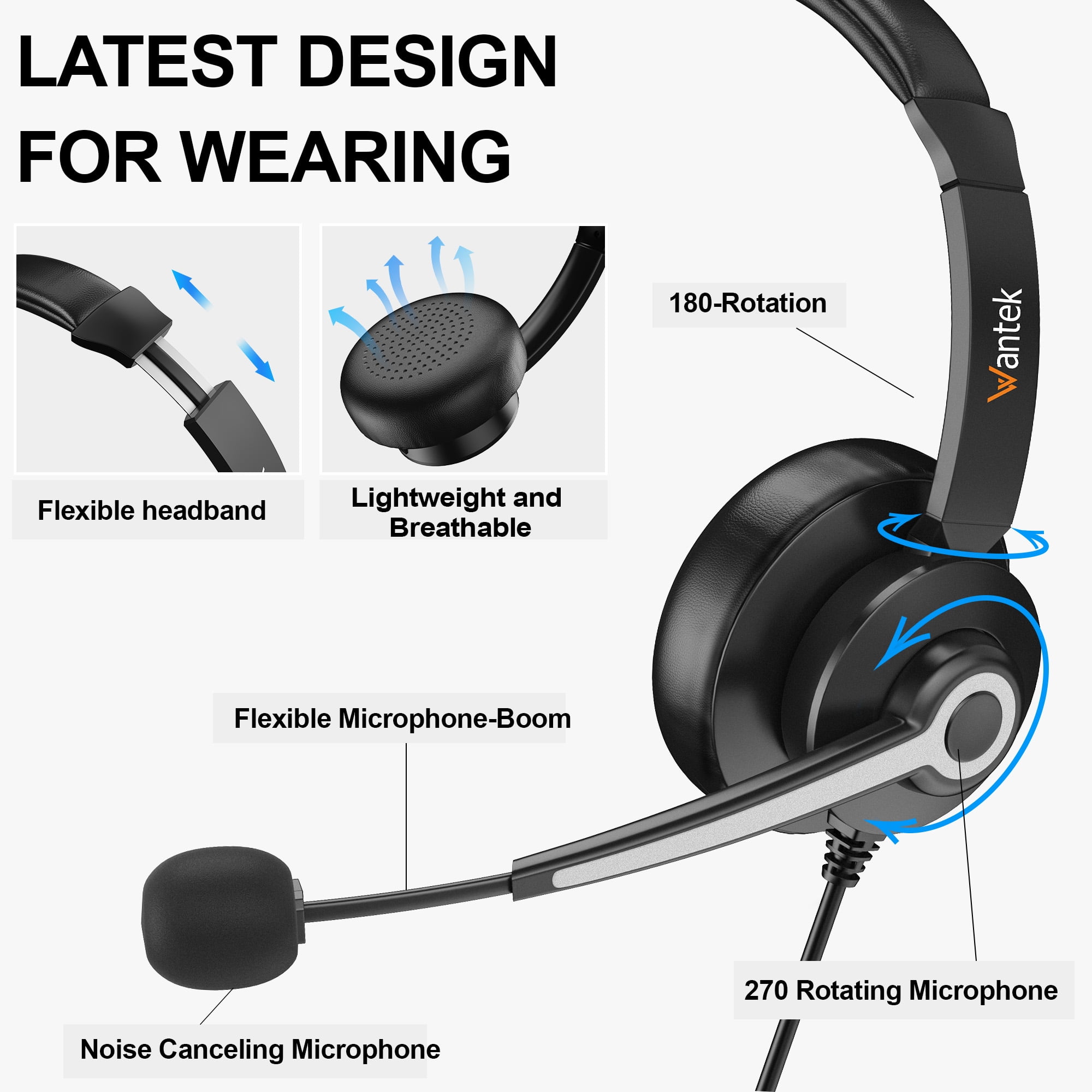 Wantek USB Headset with Microphone for PC,Laptop,3.5mm/USB/Type-C Jack 3-in-1 Computer Headset with Noise Cancelling & Audio Controls,USB Headphones for Call Center,Work,Office,Binaural