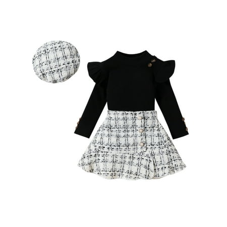 

TFFR Kids Girls Fall Outfits 18M 2T 3T 4T 5T Toddler Long Sleeve Ribbed Pullover + Plaid Skirt + Hat 3Pcs Children Fashion Clothes Set