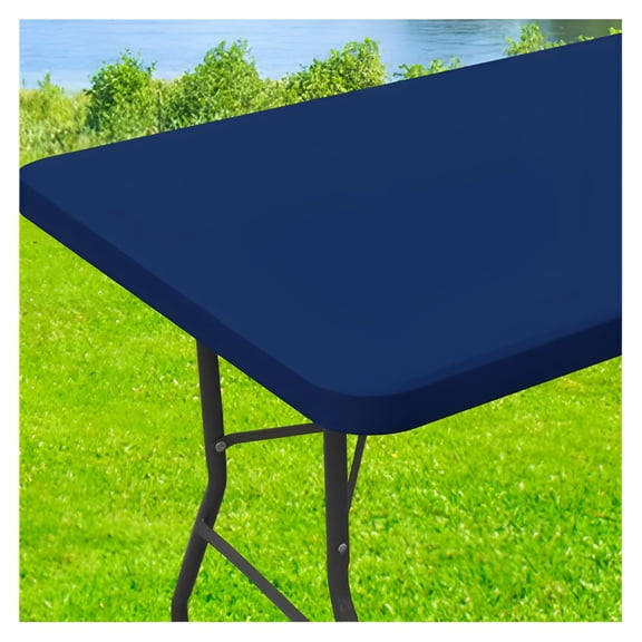 AUQ Navy Spandex Fitted Tablecloth for 8 Foot Rectangle Tables, 30x96 Inch Stretch Patio Cover, Windproof Washable Elastic Table Cloth for Camping, Banquets, and Parties
