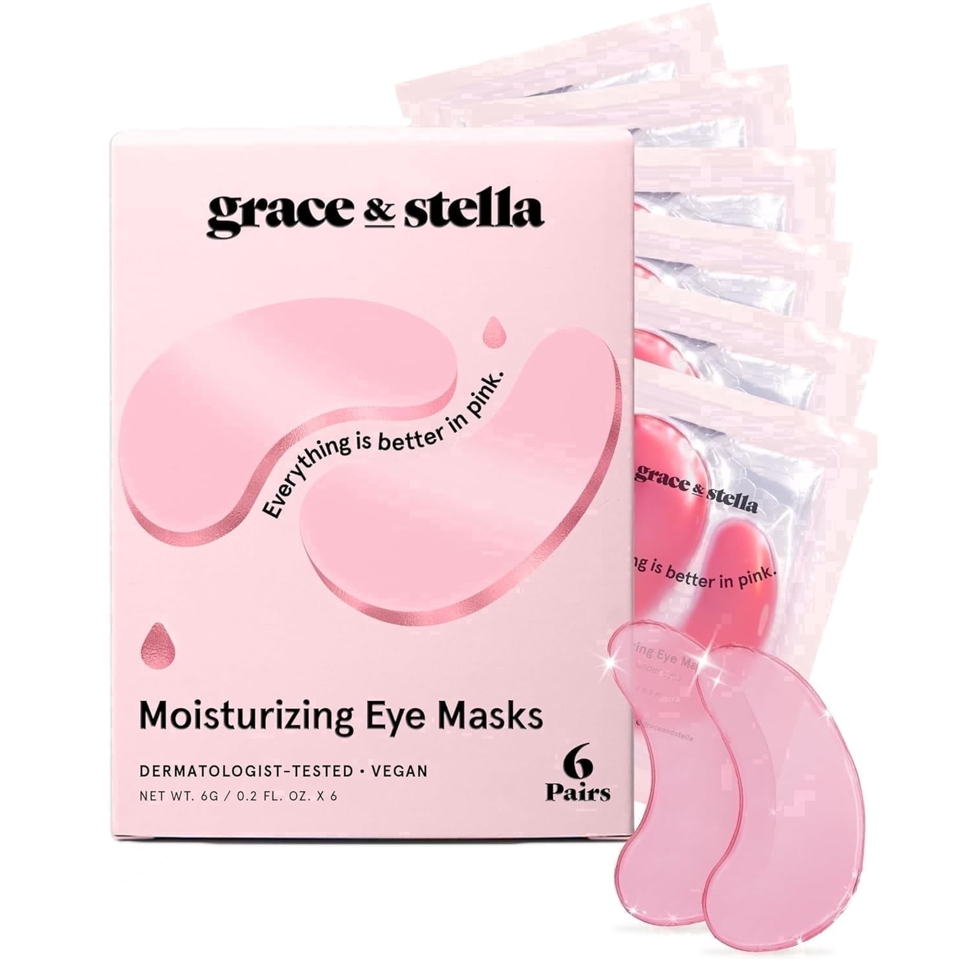 Grace & Stella Under Eye Gel Patches for Puffiness, Pink, 6 Pairs