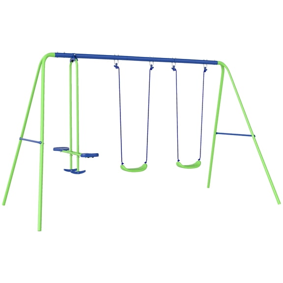 Homiyad Kids Metal Swing and Seesaw Set, Adjustable Height, Double Swing Seats, Backyard Play, Children Over 3 Years Old, Blue | Aosom.com