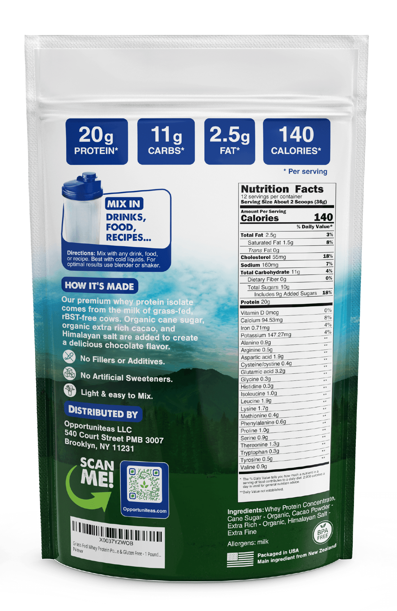 Opportuniteas - Grass Fed Whey Protein Powder Concentrate, Chocolate, Organic Cacao, 1lb