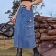 thumbnail image 4 of Women'S Long Jean Skirts with Slit Elastic Waist Cargo Denim Maxi Skirt Blue L, 4 of 9