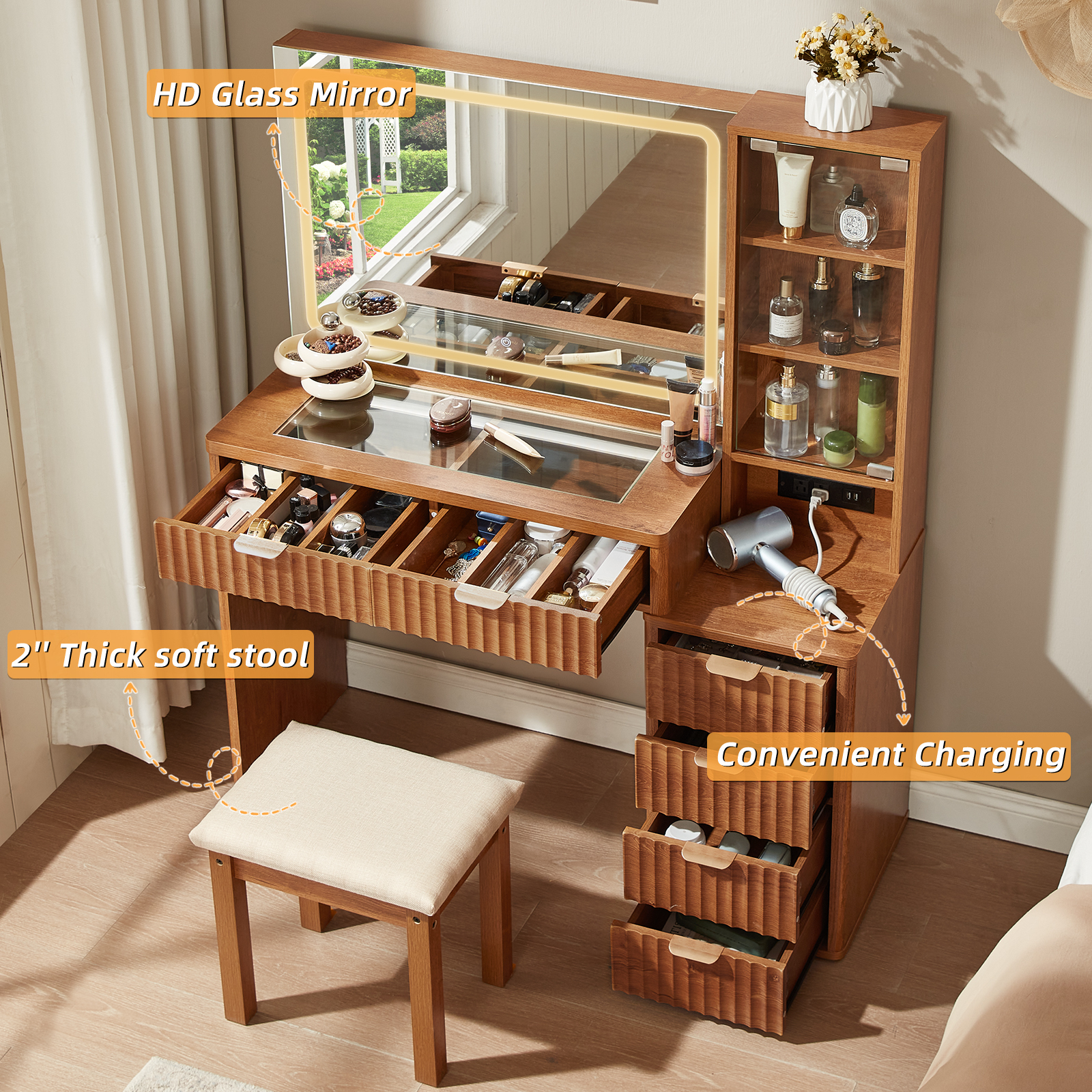 43.5" Fluted Vanity Desk with Mirror, LED Light, Power Outlet, Makeup Vanity with Storage Cabinet and Foldable Panel, Vanity Set with Cushioned Stool - Brown