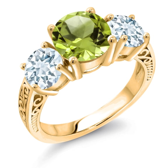 Gem Stone King 3.57 Ct Green Peridot Sky Blue Aquamarine 18K Yellow Gold Plated Silver Ring (Size 8)