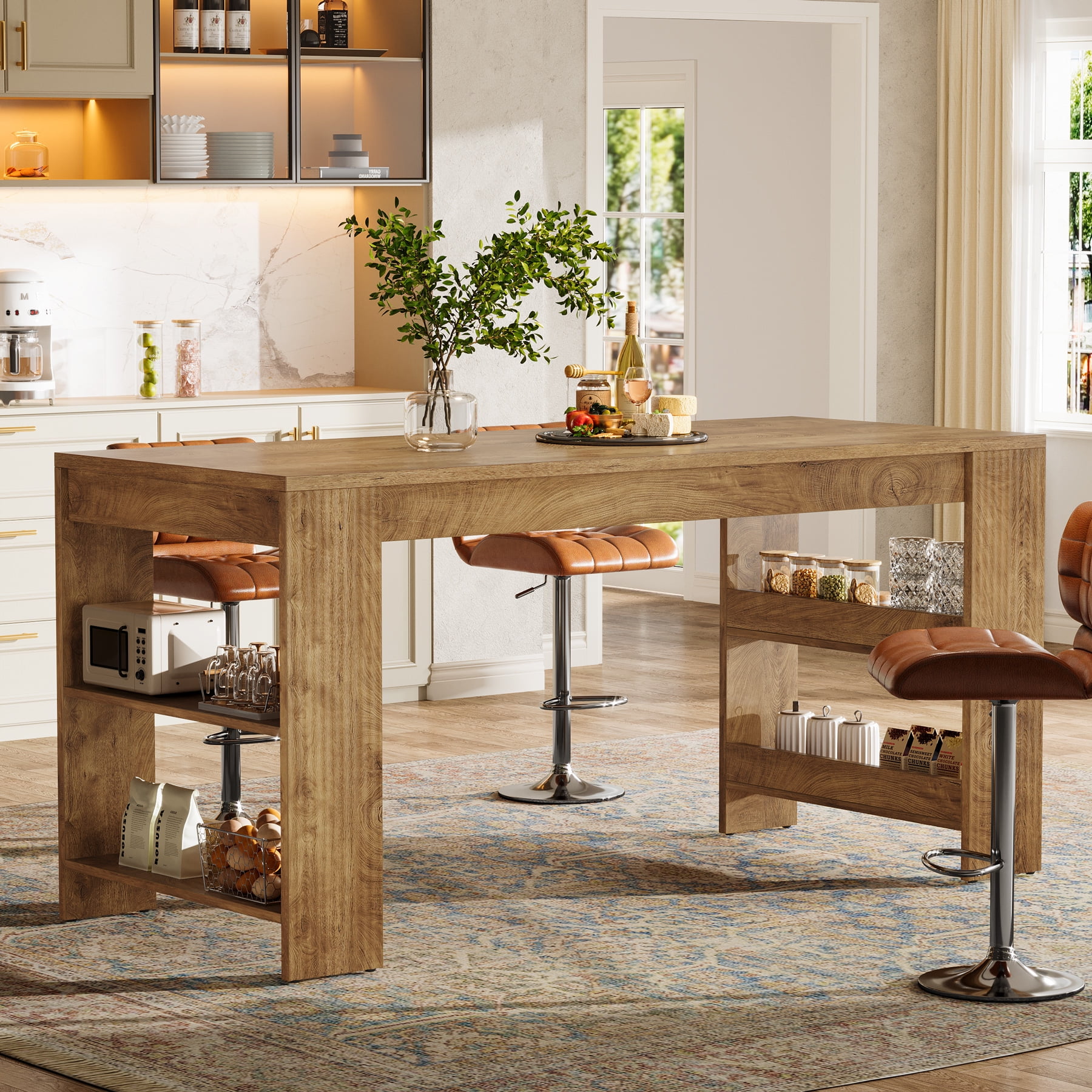 Finmind Kitchen Island with Storage, 63-inch Farmhouse Large Stationary Island Table with Double-Sided Storage Shelves for Kitchen, Dining Room, Living Room, Brown