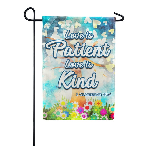 America Forever Bible Verse Garden Flag - 12.5 x 18 inch - 1 Corinthians 13:4 Love is Patient, Kind - Christian Quotes Double Sided Religious Outdoor Yard Decorative Inspirational Flag