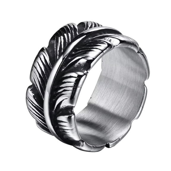 PAMTIER Men's Stainless Steel Vintage Cool Punk Hip Hop Feather Biker Finger Ring Statement Band Comfort Fit Silver Size 7