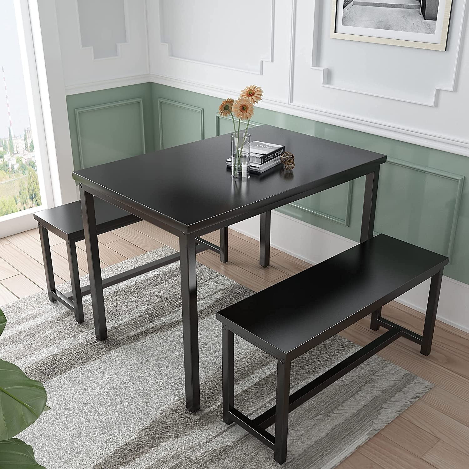 Cvortll Dining Room Table Set, Kitchen Table Set with 2 Benches, Ideal for Home, Kitchen and Dining Room, Breakfast Table of 43.3x23.6x28.5 inches, Benches of 38.5x11.8x17.5 inches, Black