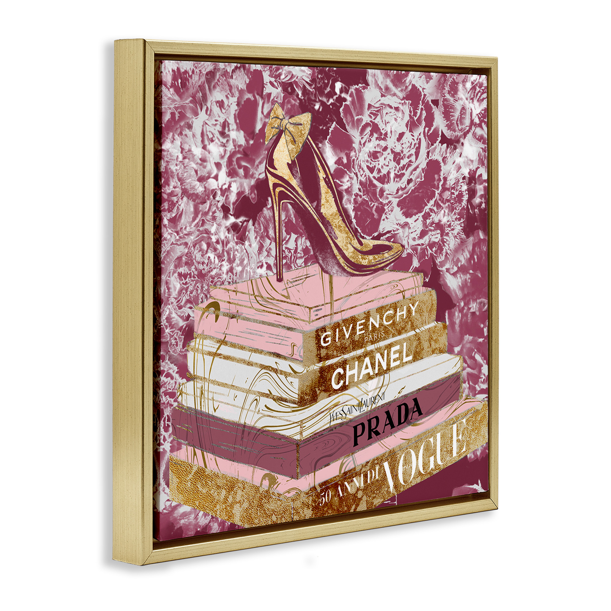 Stupell Industries Pink Glitz Heel on Bookstack Beauty & Fashion Painting Gold Floater Framed Canvas Art Print Wall Art, 25 x 25