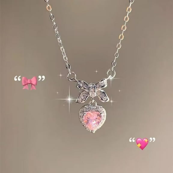 Versatile Pink Heart Zircon Bow Necklace for Women in Summer