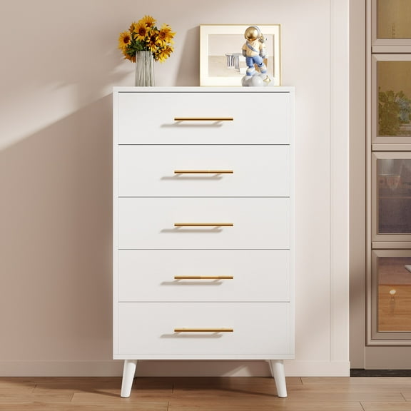 Asofer Tall Dresser, 5-Drawer Wood Storage w/Metal Handles, White