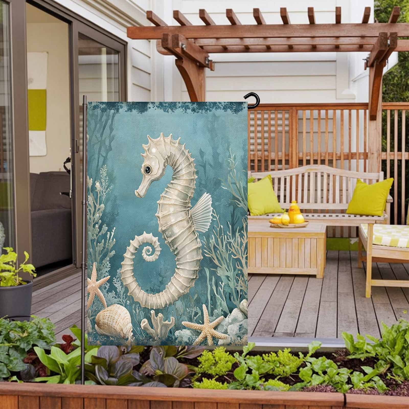 Garden Flag Double-Side Printed House Flag Seahorse Yard Flag Coral Starfish Blue Ocean Welcome Banner Decor Outdoor Holiday Decorations 28*40in