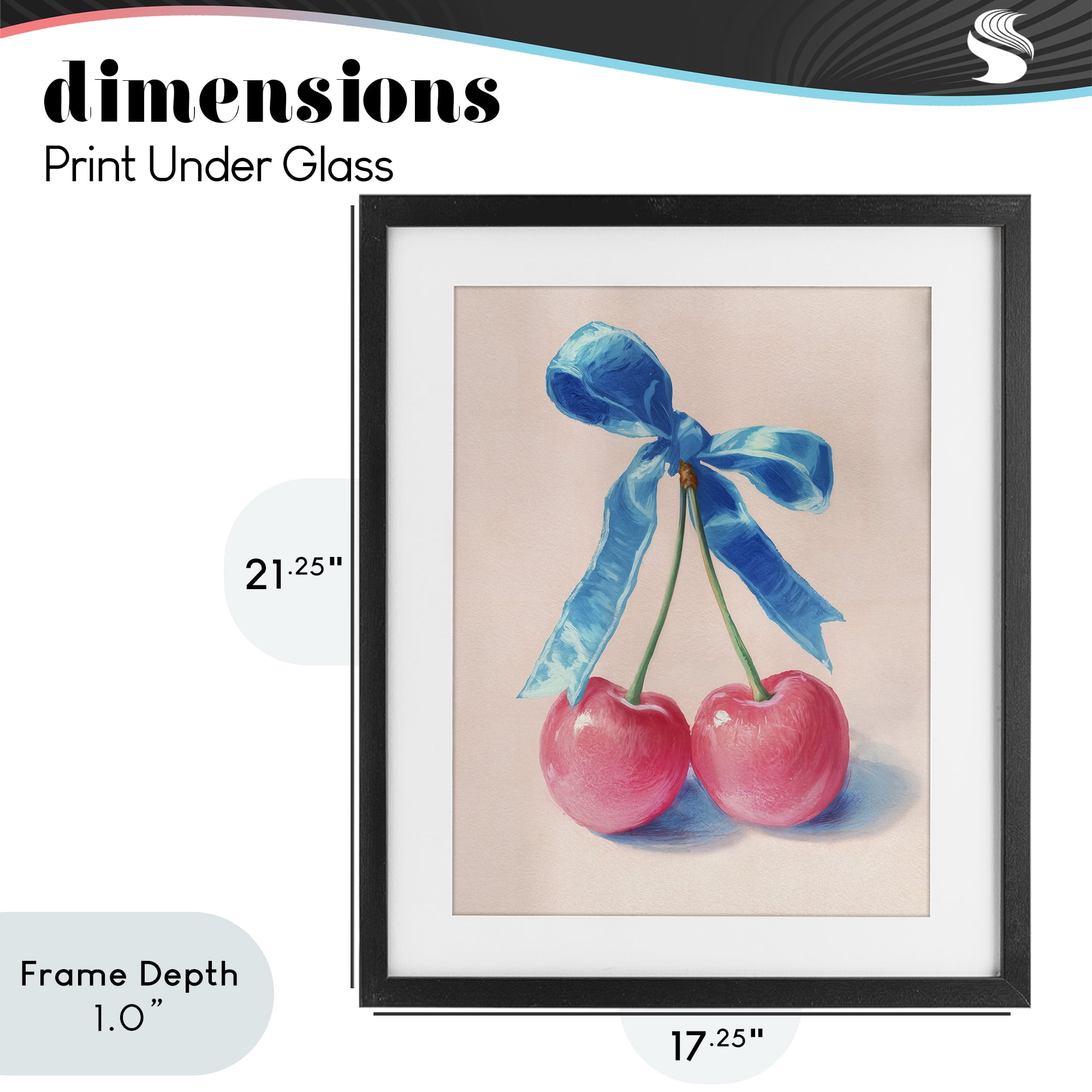 Stupell Industries Twin Cherries with Blue Ribbon Black Framed Print Under Glass, design by Imagine It Images
